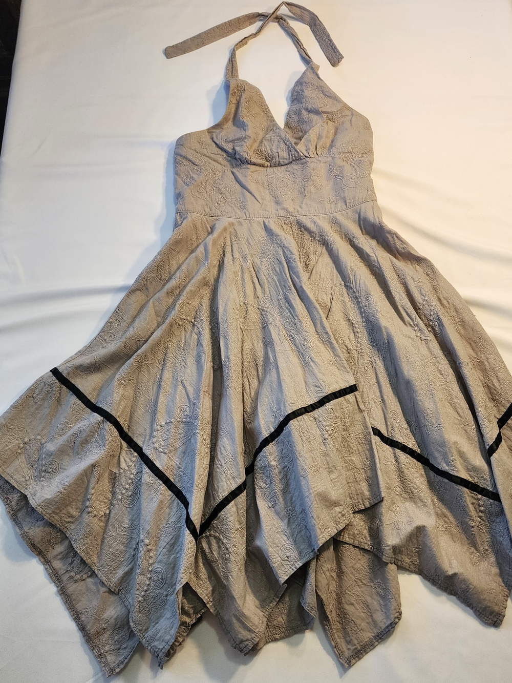 Gray Halter Handkerchief Hem Dress with Black Trim